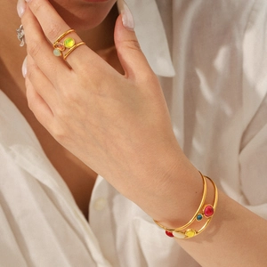 French vintage gold stainless steel ring and bracelet set with colorful natural stones