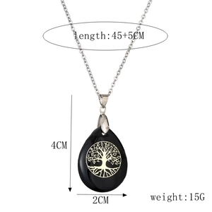 Detailed size chart for Tree of Life teardrop necklace with exact measurements in cm