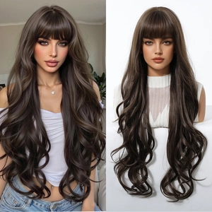 Detail view of long wavy dark brown wig with bangs showing natural hair texture and volume