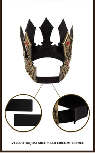 Detail of royal king crown with red jewels and adjustable velcro for custom fit