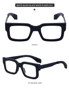 Detailed views of matte black square eyeglass frames showing front and side angles