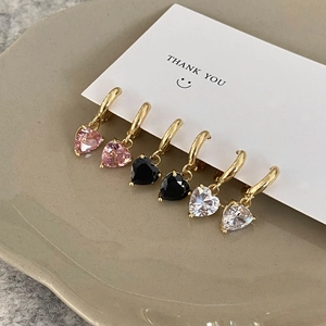 Detailed set of colorful heart zirconia earrings in pink, black, and clear crystals