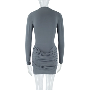 Rear view of grey long sleeve bodycon dress with ruching detail on a ghost mannequin