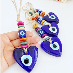 Evil Eye Heart Hanging Ornament Glass Turkish Nazar Pendant With Colorful Wood Beads And Hemp Rope Lucky Home Decor