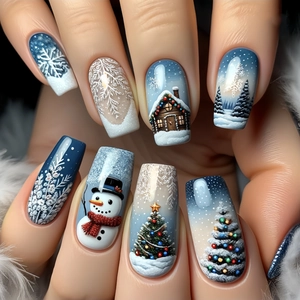 Christmas Press On Nails Square Snowman Tree Winter Theme Fake Nails With Jelly Glue For Women