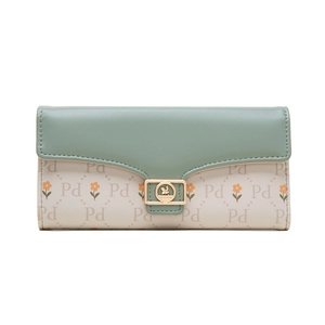 Close-up of floral print PU leather wallet featuring a golden engraved metal buckle lock