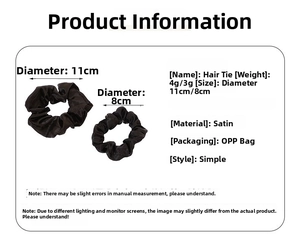 Detail of coffee brown satin hair scrunchies showing sizes in 11cm and 8cm diameter