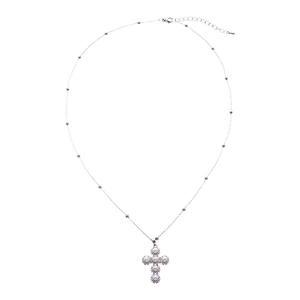 Silver cross pendant necklace featuring white pearls and delicate beaded chain style