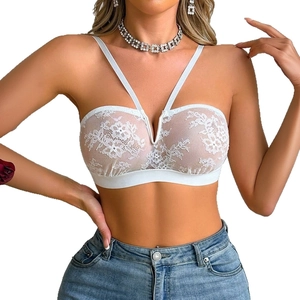 Elegant white floral lace bralette with V-shaped metal support and mesh detailing