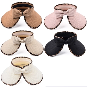 Outdoor straw sun visor hats for women with leopard print trim and decorative bow