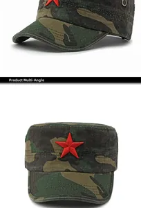 Detailweergave van de camouflage militaire pet met rode ster borduursel en ventilatie