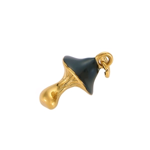 Polished gold stainless steel mushroom pendant with black enamel cap for jewelry making