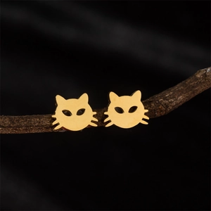 Minimalist gold cat-shaped stud earrings in polished stainless steel for women