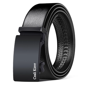 Men's automatic buckle leather belt with black lychee texture and matte metal finish