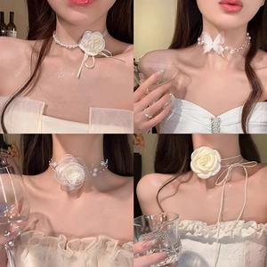 Elegant Choker Necklace With Imitation Artificial Pearl And Fabric Flower Butterfly Rhinestone Jewelry For Women French Style