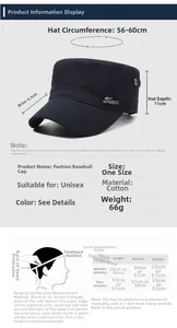 Size chart for black cotton flat top hat showing measurements and head size guide