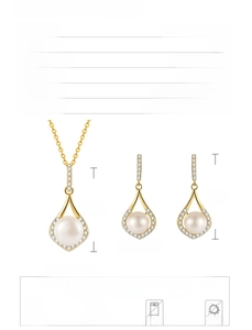 Detailed specs for S925 silver teardrop pearl necklace and earrings set with measurements