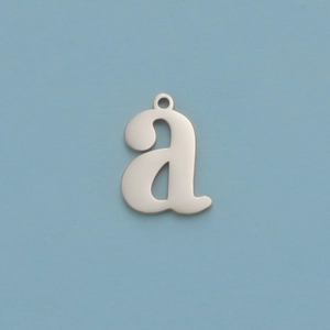 Polished silver stainless steel lowercase letter a pendant charm detail with hanging ring
