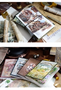 Detail of vintage-style stationery stickers featuring floral, street, and forest themes