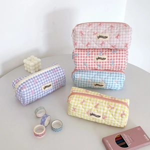 Pencil Case Quilted Checkered Cotton Fabric Bow Print Large Capacity Stationery Organizer Pouch For Students Cute Ins Style