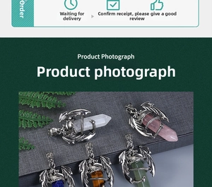 Macro detail of various natural crystal hexagonal pendants with vintage dragon metal wrap