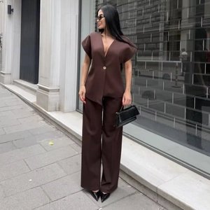 Women's dark coffee two-piece set featuring V-neck single-button blazer and wide-leg pants