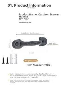 Detailed view of vintage black cast iron handle with dimensions and mounting hardware