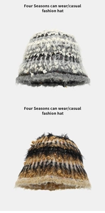 Detail view of plush textured knit bucket hats in gray and yellow tweed patterns