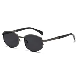 Retro metallic hexagonal sunglasses with dark grey lenses and anti-slip temples
