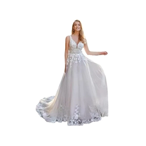 Elegant white lace V-neck wedding dress with backless design and long tulle train