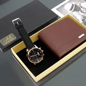 Men's business gift set featuring a leather strap watch and wallet in a premium box