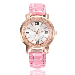 Women's rose gold quartz watch with pink crocodile pattern leather strap and crystal bezel