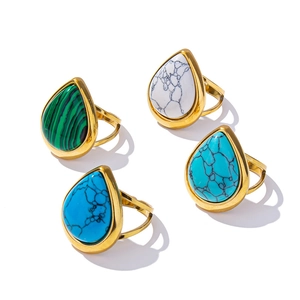 Waterdrop-shaped natural stone rings with gold stainless steel bands in multiple colors
