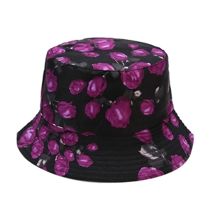 Retro black bucket hat with vibrant purple rose floral prints for summer sun protection