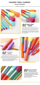 Detail of 15pcs makeup brush set featuring colorful bionic fiber bristles and aluminum tubes
