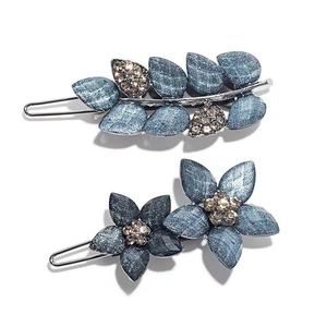 Elegant grey-blue floral and leaf hair clips with sparkling rhinestones set of two