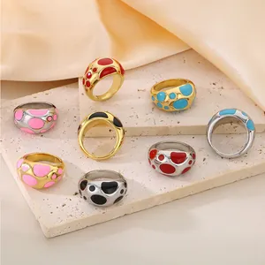 Anello A Fascia Larga Vintage In Acciaio Inossidabile Con Motivo A Pois In Smalto Colorato Gioielli Retro Per Donna