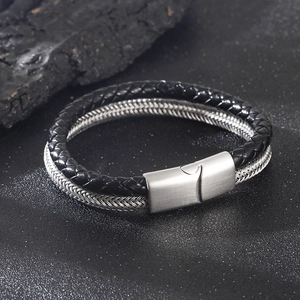 Double-layer braided leather and stainless steel men's bracelet with magnetic clasp