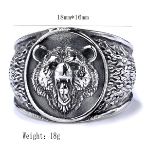 Detail view of vintage bear head ring with silver finish and antique carving texture