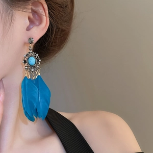 Détail de boucles d'oreilles bohèmes en plumes bleu paon avec pierre turquoise et métal argent