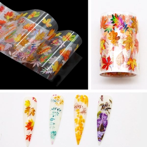 Autumn maple leaf nail transfer stickers set with colorful floral foil rolls for manicure