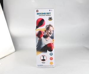 Detailed view of the retail packaging for a kids' adjustable boxing ball and gloves set