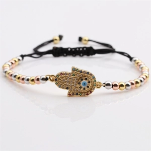 Hamsa Hand bracelet with colorful zircon and tricolor beads on adjustable black rope