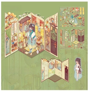 3D DIY folded paper house stickers with Qingluo Pavilion scene and PVC furniture