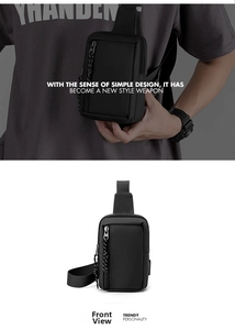 Close-up of waterproof black chest bag with vertical zipper and woven puller detail