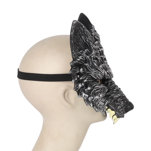 Realistic wolf head mask for Halloween cosplay with black fur texture and yellow fangs