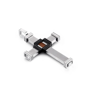Fashionable stainless steel cross pendant with rubber accents and wood inlay