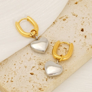 Two-tone stainless steel 18K gold U-shape earrings with silver heart pendant