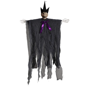 Hanging Halloween ghost decoration with skull face, black crown, and purple ribbon bow