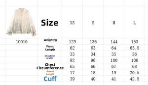 Detailed sizing chart for French style embroidered blouse showing chest and length measurements